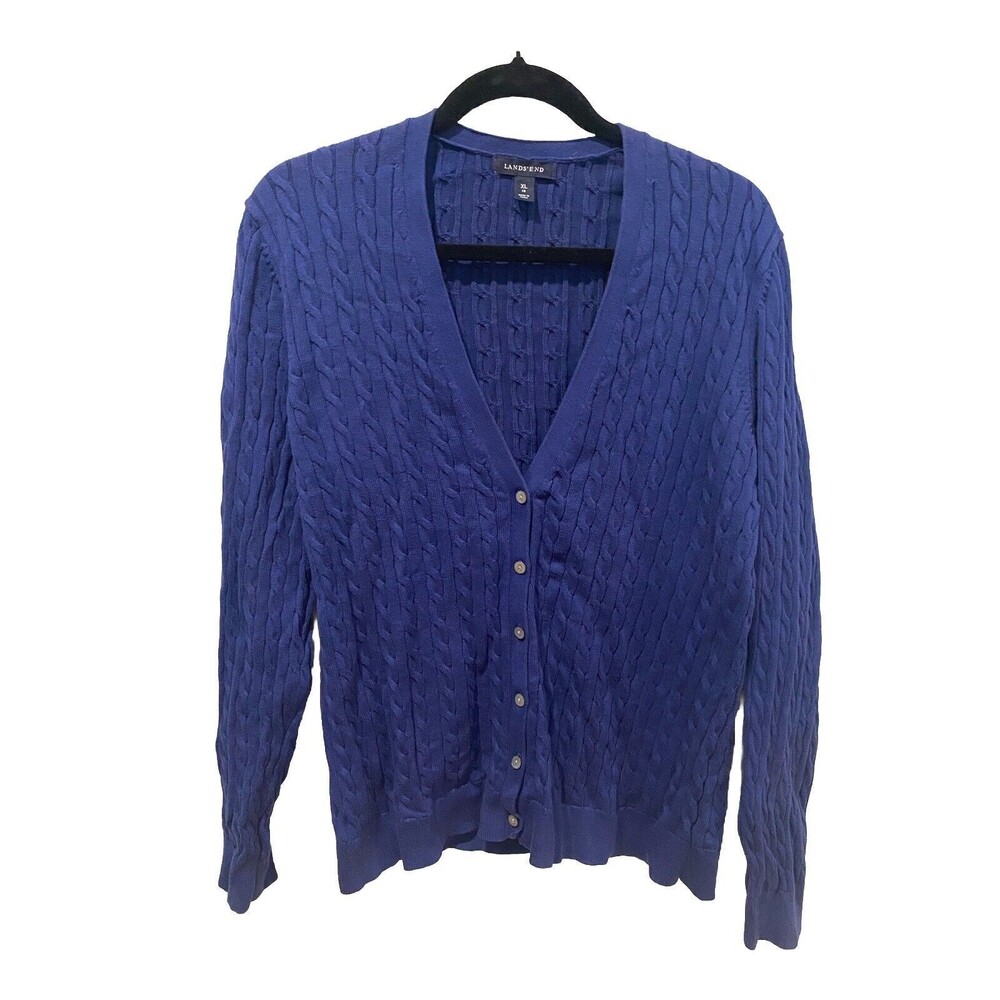 Lands End Cardigan Womens XL (18) Blue 100% Cotton Cable Knit 6 Button Front